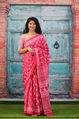 Tropwear Printed Hand Batik Pure Cotton Saree(Pink)