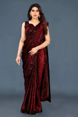 SPUNIQUEFASHION Digital Print Bollywood Lycra Blend Saree(Maroon)