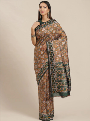 KAVINDI Printed Patola Cotton Silk Saree(Gold)
