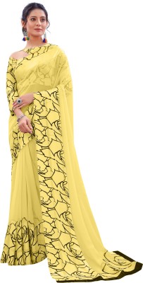 Dwini Floral Print Daily Wear Georgette, Satin Saree(Yellow)