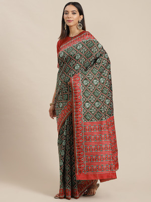 KAVINDI Printed Patola Cotton Silk Saree(Green)