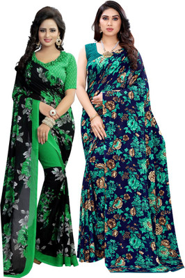 Priyashi Printed Daily Wear Georgette Saree(Pack of 2, Dark Blue, Black)