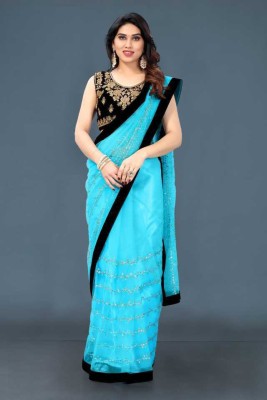 emzo Embroidered Bollywood Net Saree(Light Blue)