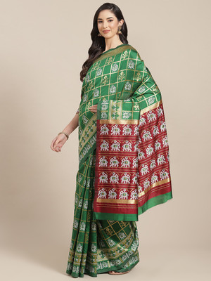 KAVINDI Printed Patola Cotton Silk Saree(Light Green)