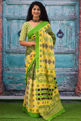 Tropwear Printed Ikkat Pure Cotton Saree(Green)