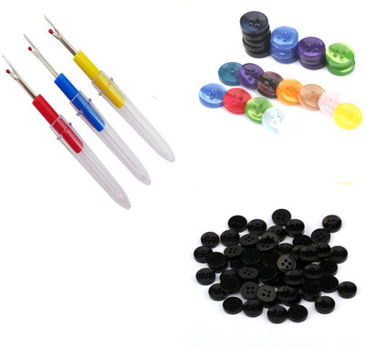 Crafts Haveli 3 Items Combo : 3 Seam Ripper, 20 Black Button, 20 Multi Button Sewing Kit