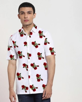 Virast Fashion Men Floral Print Casual Red Shirt