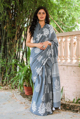 JAIPURI BLOCK PRINT Blocked Printed, Color Block, Dyed, Floral Print, Printed Daily Wear Pure Cotton Saree(Grey)