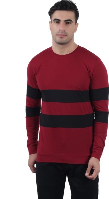 UNQFIT Striped Men Round Neck Maroon, Black T-Shirt