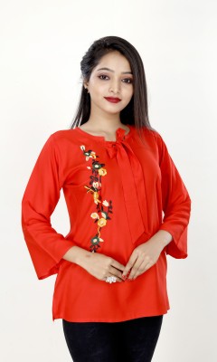 Ayusha Creation Casual Floral Print, Embroidered Women Red Top