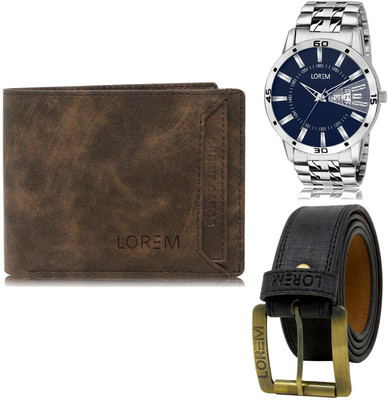 LOREM FZ-LR102-WL04-BL01 Mens Combo Of Watch With Artificial Leather Wallet & Belt Analog Watch  - For Men