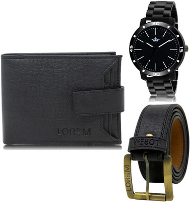 LOREM FZ-LR112-WL08-BL01 Mens Combo Of Watch With Artificial Leather Wallet & Belt Analog Watch  - For Men