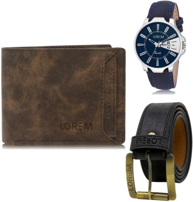 LOREM Belt, Wallet & Watch Combo(Brown, Black, Blue)