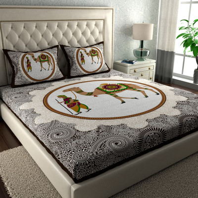 LA VERNE Cotton Double Flat 144 TC Jaipuri Prints Bedsheet(Pack of 1, Brown)