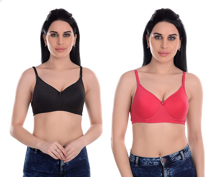 Alley Store Women's Cotton Lightly Padded Wire Free T-shirt Bra (Pack of 2) Women T-Shirt Lightly Padded Bra(Black, Red)