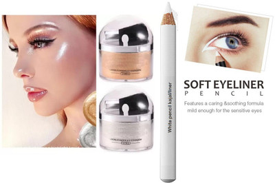 ADJD Shimmer Finish Gold & Silver Highlighter With White Pencil Long Lasting Kajal(3 Items in the set)