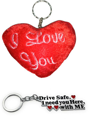 Deethyas Fashion Heart Shape I Love You Soft Fluffy Fabric Keychain And Drive safe Metal Pack2 Key Chain