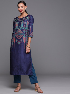 Indo Era Women Printed Straight Kurta(Dark Blue)