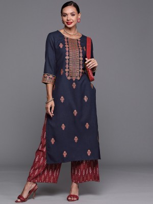 Indo Era Women Printed Straight Kurta(Dark Blue)