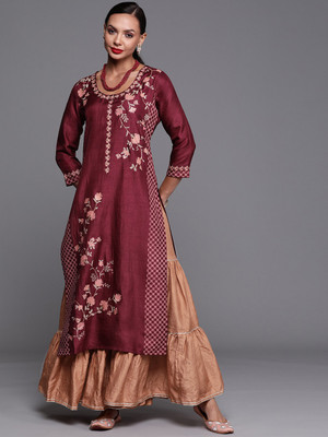 Indo Era Women Printed Straight Kurta(Maroon)