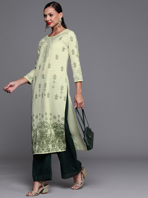 Indo Era Women Self Design Straight Kurta(Light Green, Green)