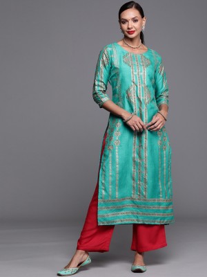 Indo Era Women Printed Straight Kurta(Green)