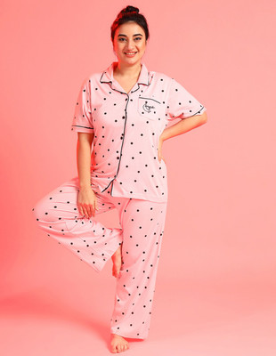 Instafab Plus Women Polka Print Pink Shirt & Pyjama set