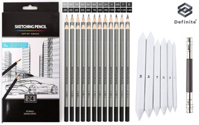 Definite 6 X Paper Blending Stumps + Pencil Extender + 24Pc Drawing/Sketch Pre-Sharpened Pencil(Black, Grey and White)