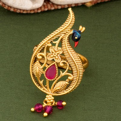 SPARGZ Peacock Festive Wear For Women Alloy Ruby, Beads Gold Plated Ring