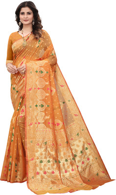 FluteFashion Self Design Chanderi Jacquard Saree(Orange)
