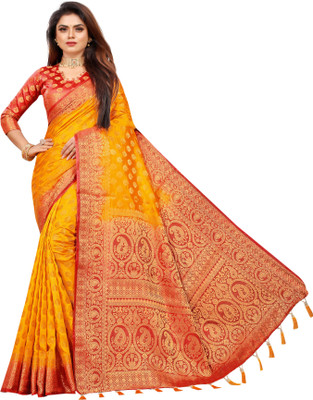 BHUVA BROTHERS Woven Kanjivaram Cotton Silk Saree(Mustard)