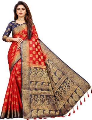 PICKWELL Self Design Banarasi Cotton Silk Saree(Red)