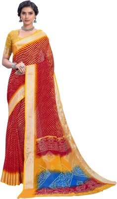 Sariya Printed Leheria Viscose Rayon, Chiffon Saree(Orange)