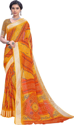 Sariya Printed Bandhani Viscose Rayon, Chiffon Saree(Yellow)