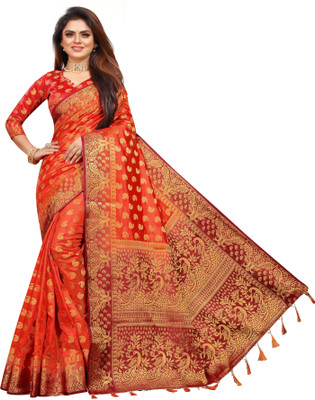 DHRUTI TEXTILES Self Design Kanjivaram Cotton Silk Saree(Orange)