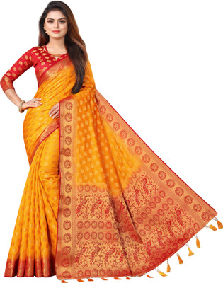 DHRUTI TEXTILES Self Design Kanjivaram Cotton Silk Saree(Yellow)