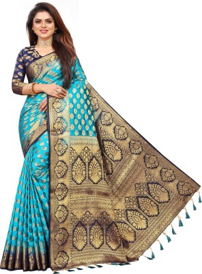 DHRUVIL TEXTILES Woven Kanjivaram Cotton Silk Saree(Light Blue)