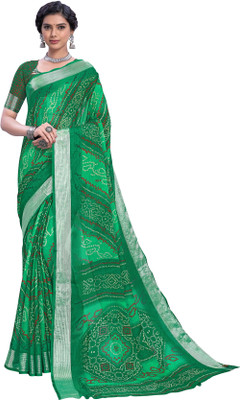 Sariya Printed Bandhani Viscose Rayon, Chiffon Saree(Green)