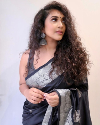ESOMIC Solid/Plain Banarasi Pure Silk Saree(Black)