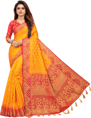 DHRUTI TEXTILES Self Design Kanjivaram Cotton Silk Saree(Orange)