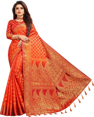 DHRUVIL TEXTILES Woven Kanjivaram Cotton Silk Saree(Orange)