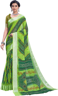 Sariya Printed Bandhani Viscose Rayon, Chiffon Saree(Green)