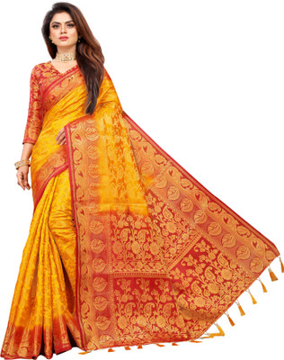 FINE WEAR Woven Kanjivaram Cotton Silk Saree(Yellow)
