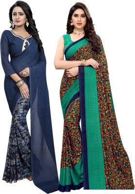 YASHIKA Printed Daily Wear Georgette Saree(Pack of 2, Dark Blue, Green)