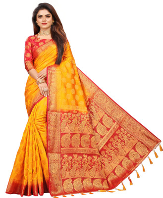 DHRUTI TEXTILES Woven Kanjivaram Cotton Silk Saree(Yellow)