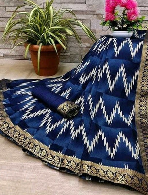 BLEESBURY Printed, Self Design, Striped, Graphic Print, Solid/Plain Bollywood Georgette Saree(Dark Blue, Blue)