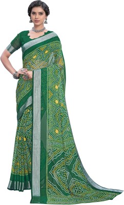 Sariya Printed Bandhani Viscose Rayon, Chiffon Saree(Dark Green)