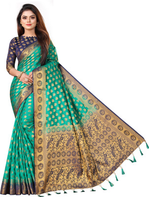 DHRUVIL TEXTILES Self Design Kanjivaram Cotton Silk Saree(Dark Green)