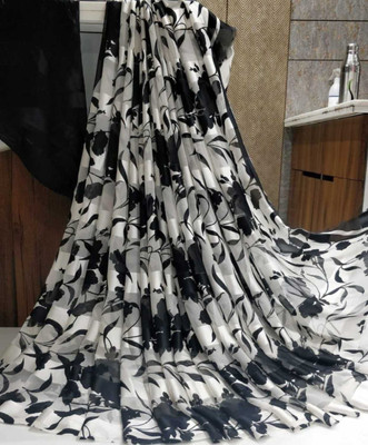 Bombey Velvat Fab Printed, Solid/Plain Daily Wear Crepe, Chiffon Saree(White, Black)