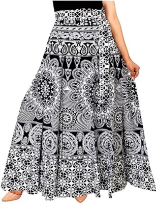 Sahaj Printed Women Wrap Around White, Black Skirt